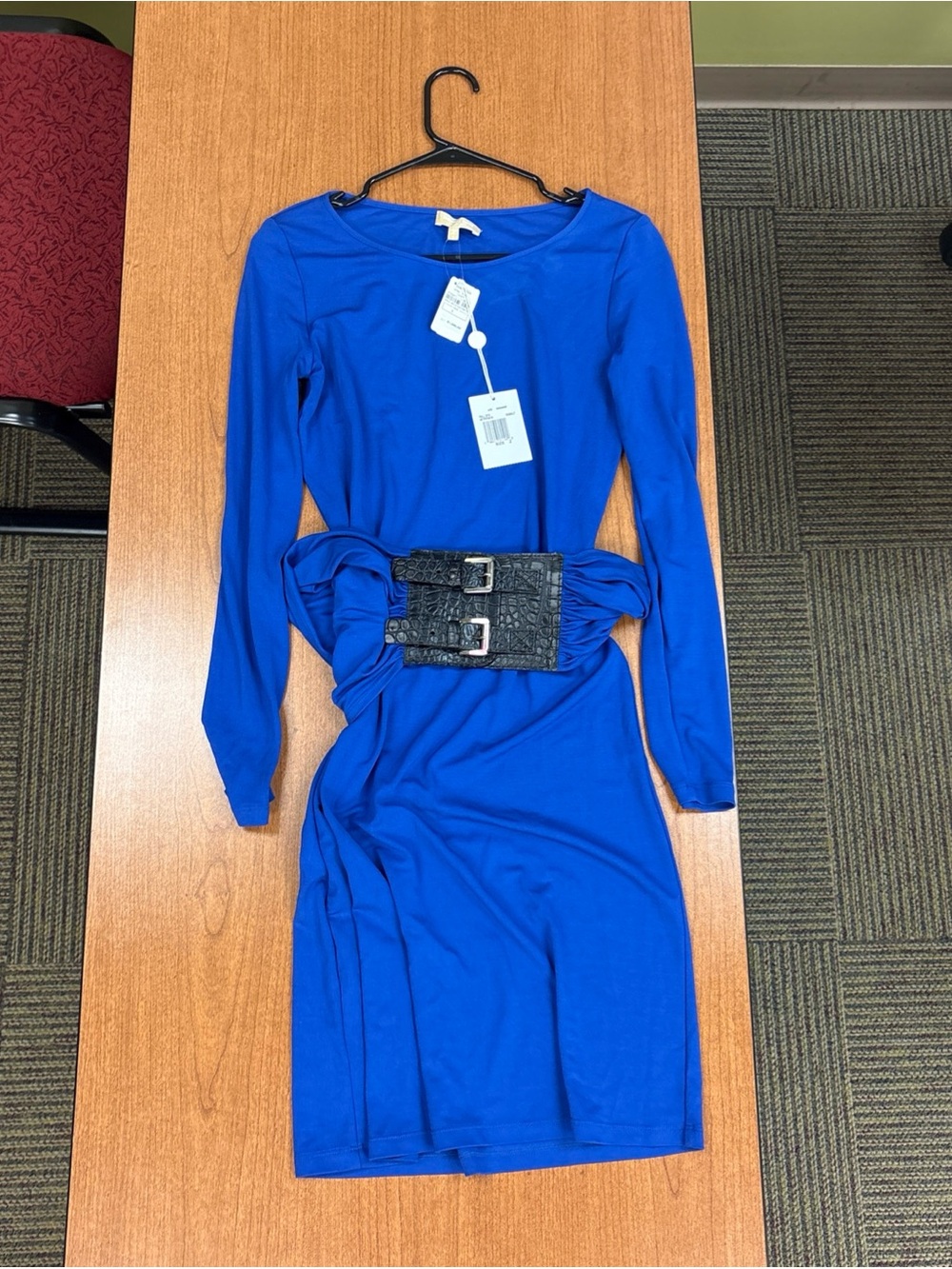 Michael Kors Collection Cobalt Blue Dress Size 2 Black Croc Belt New Long sleeve